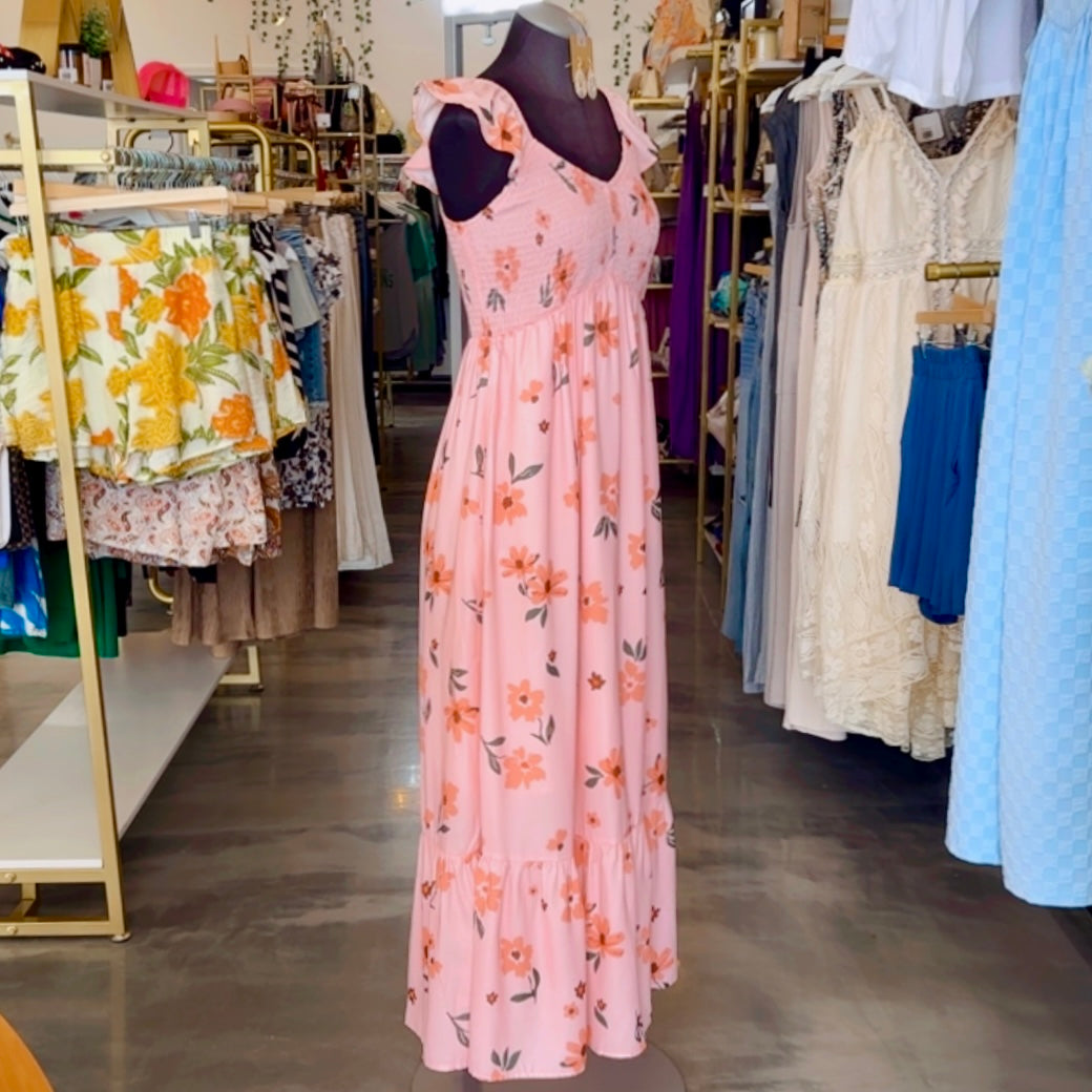 Floral V-Neck Smocked Ruffle Hem Maxi Dress