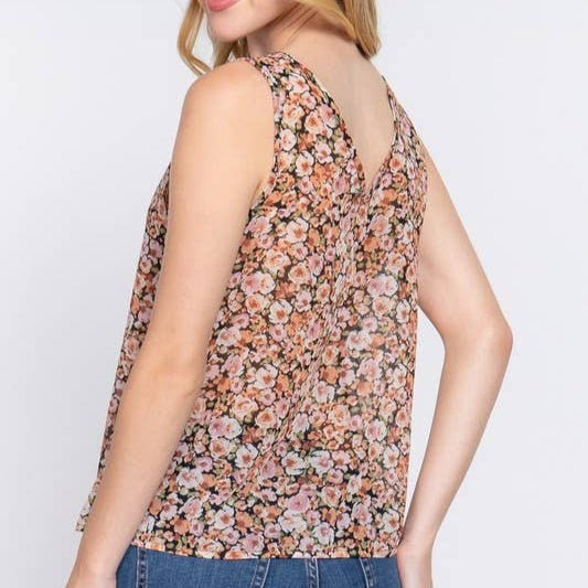 Sleeveless Double V-neck Floral Top - SALE