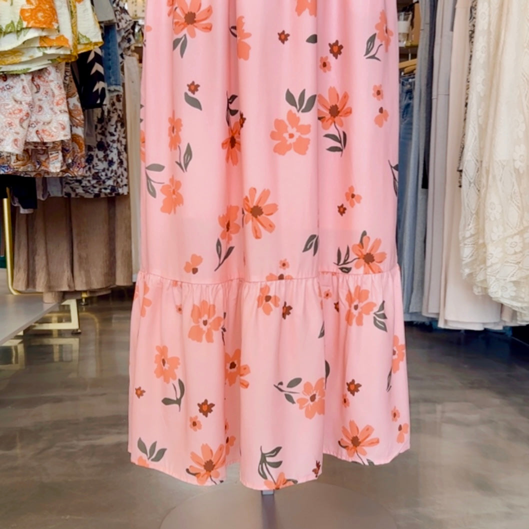 Floral V-Neck Smocked Ruffle Hem Maxi Dress