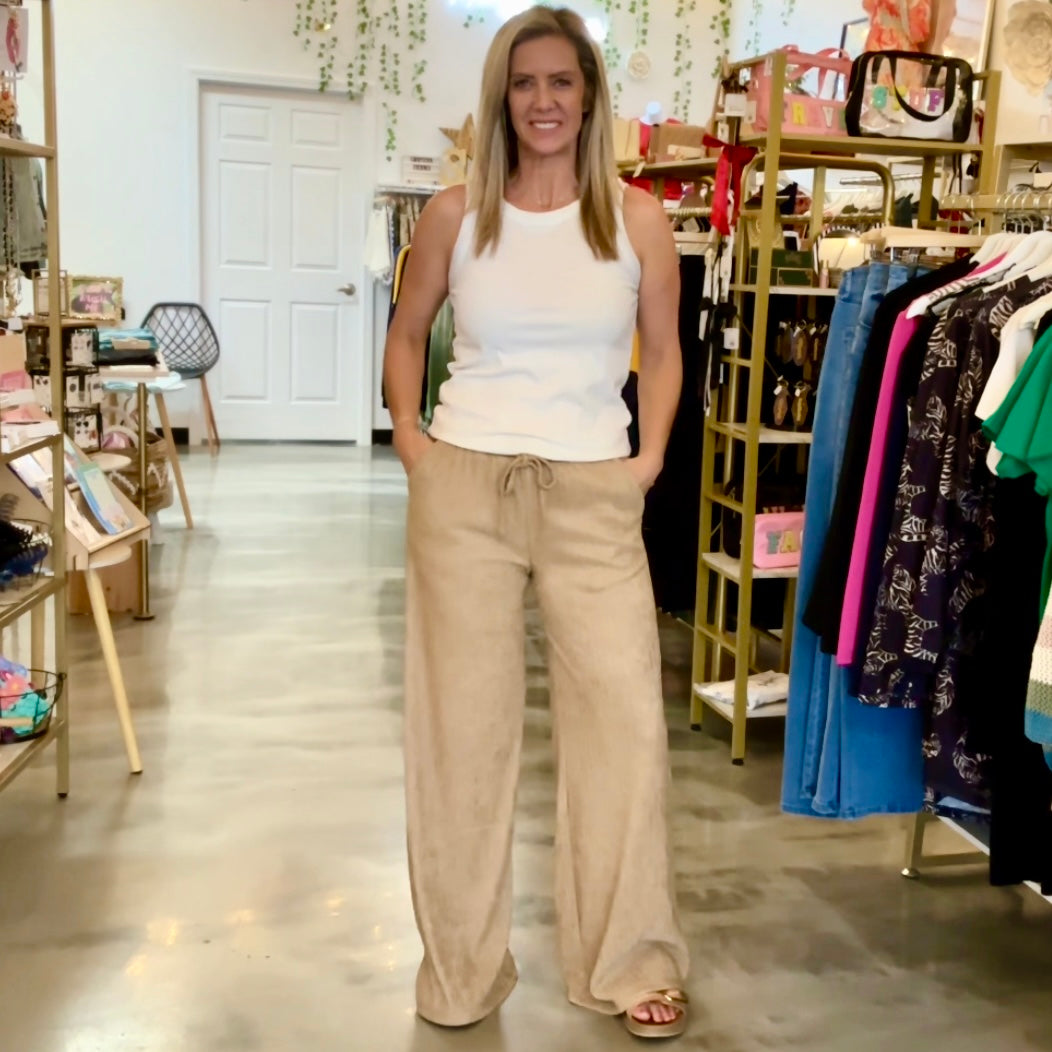 Crinkle Knit Drawstring Pants (Khaki)