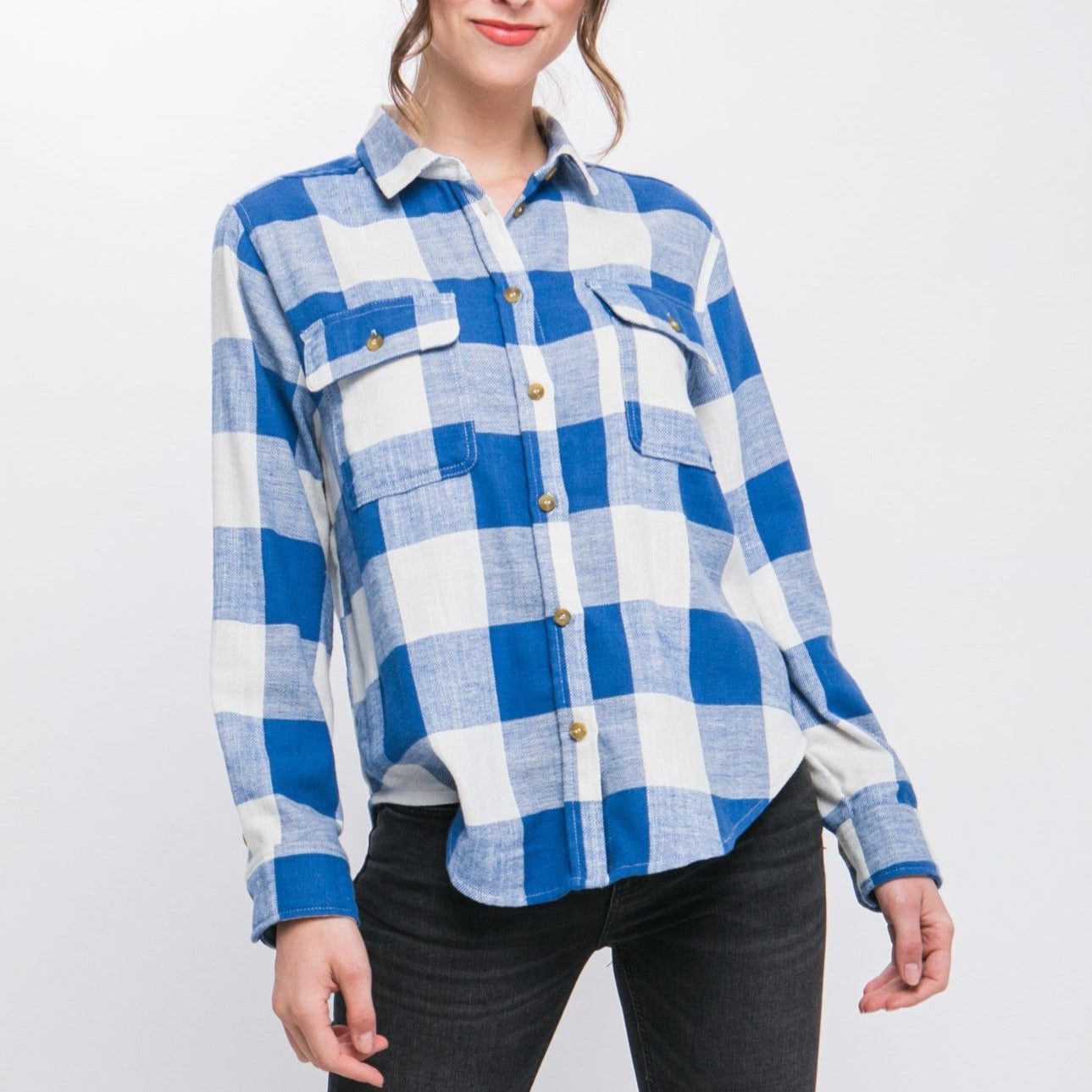 Lola Plaid Button Up Top (Blue)