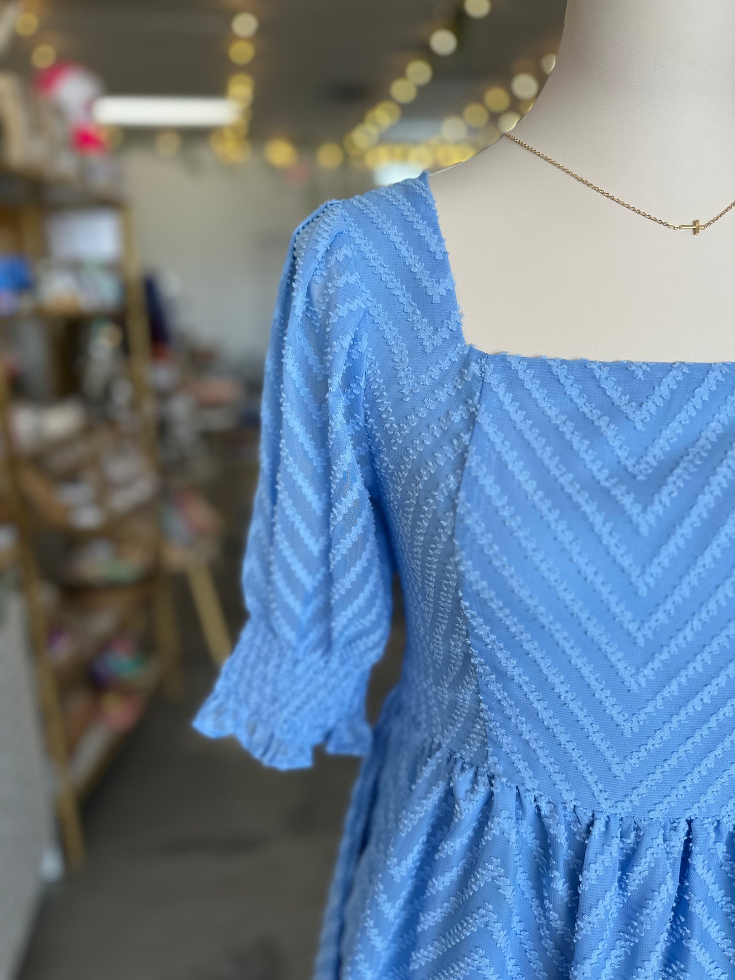 Square Neck Swiss Dot Dress (Blue) - FINAL SALE
