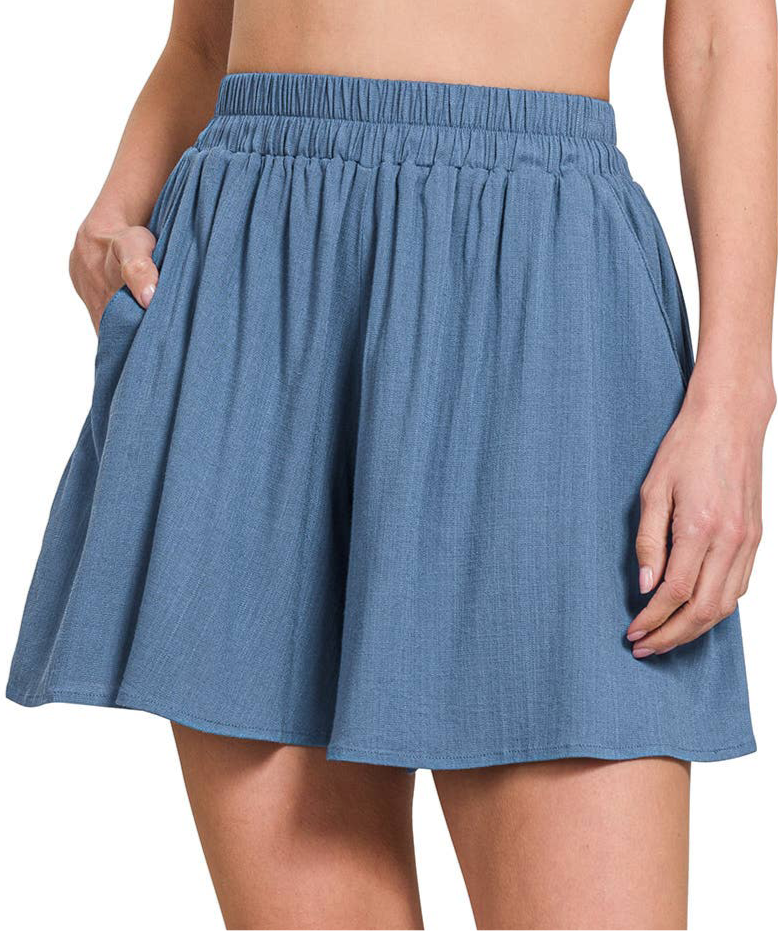 Woven Smocked Waist Shorts With Pockets (Blue) - SALE