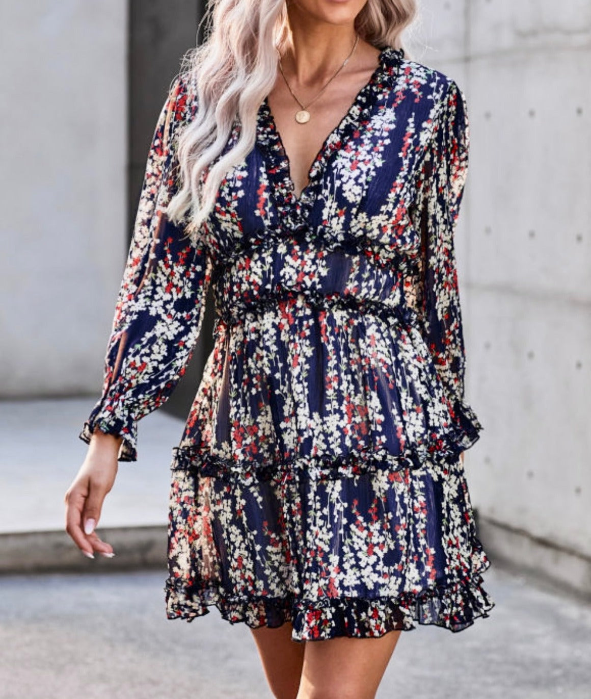 Blue Ruffle Detailing Open Back Floral Dress