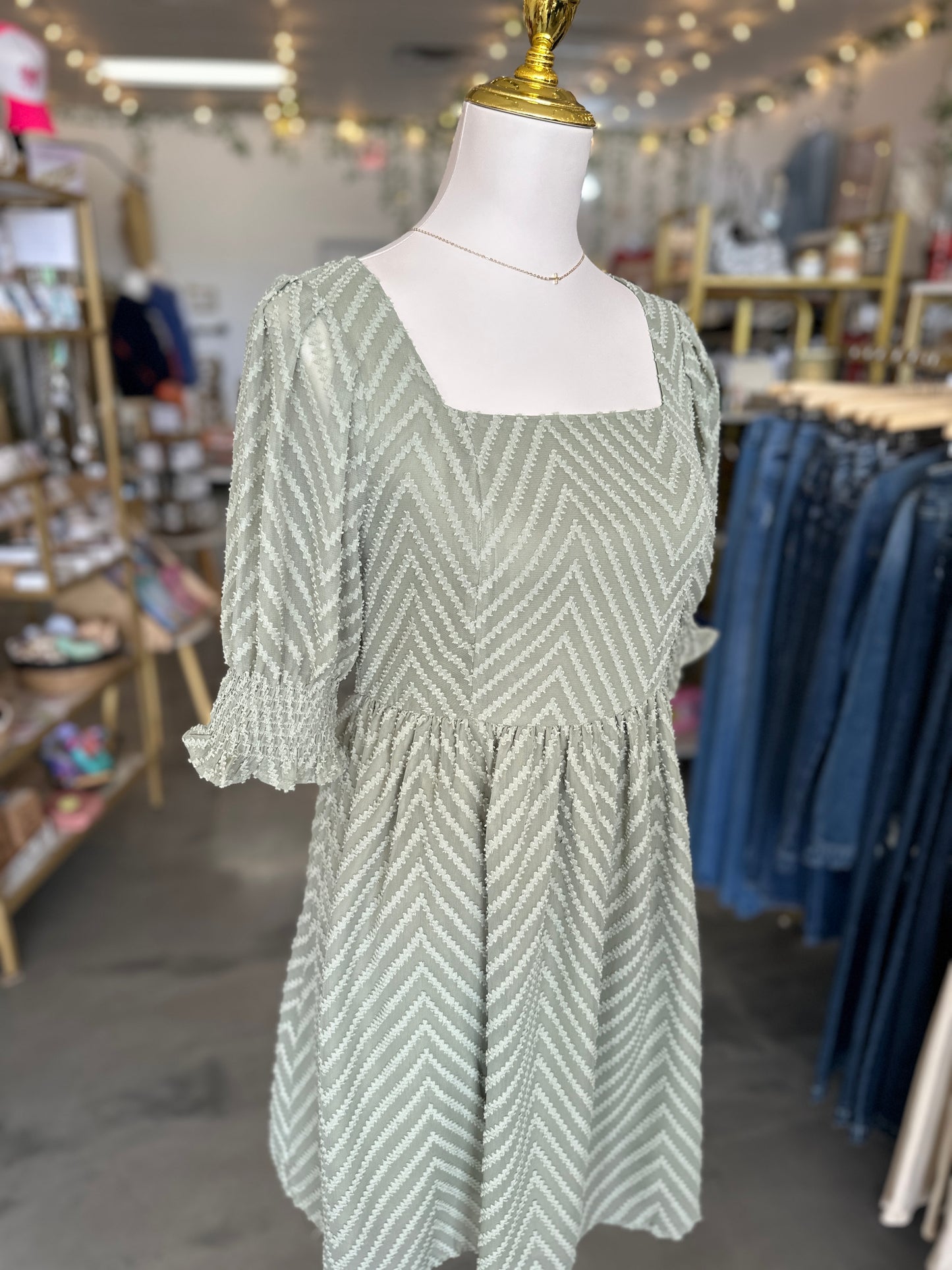 Square Neck Swiss Dot Dress (Sage) - FINAL SALE