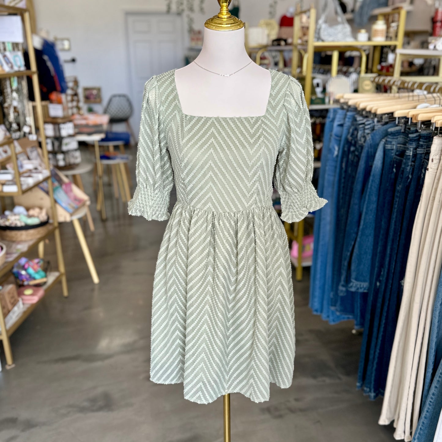 Square Neck Swiss Dot Dress (Sage) - FINAL SALE