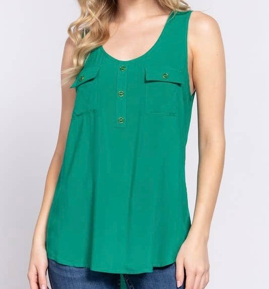 Scoop Neck Buttoned Top (Green)