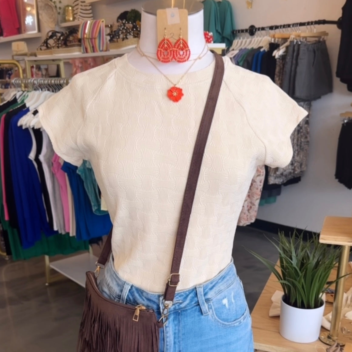 Textured Cap Sleeve Shirt (Cream)