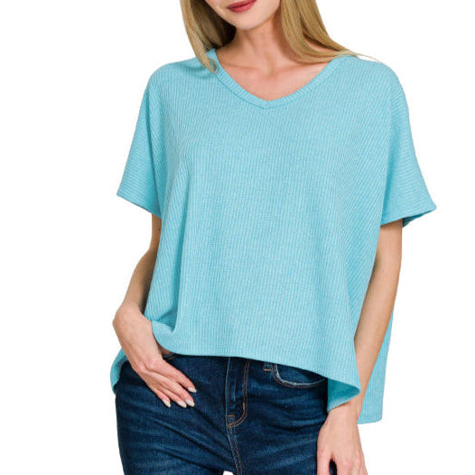 Ribbed V-Neck Top (Sky Blue)