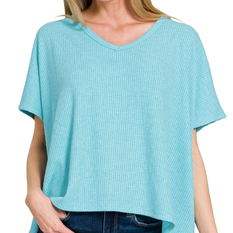 Ribbed V-Neck Top (Sky Blue)