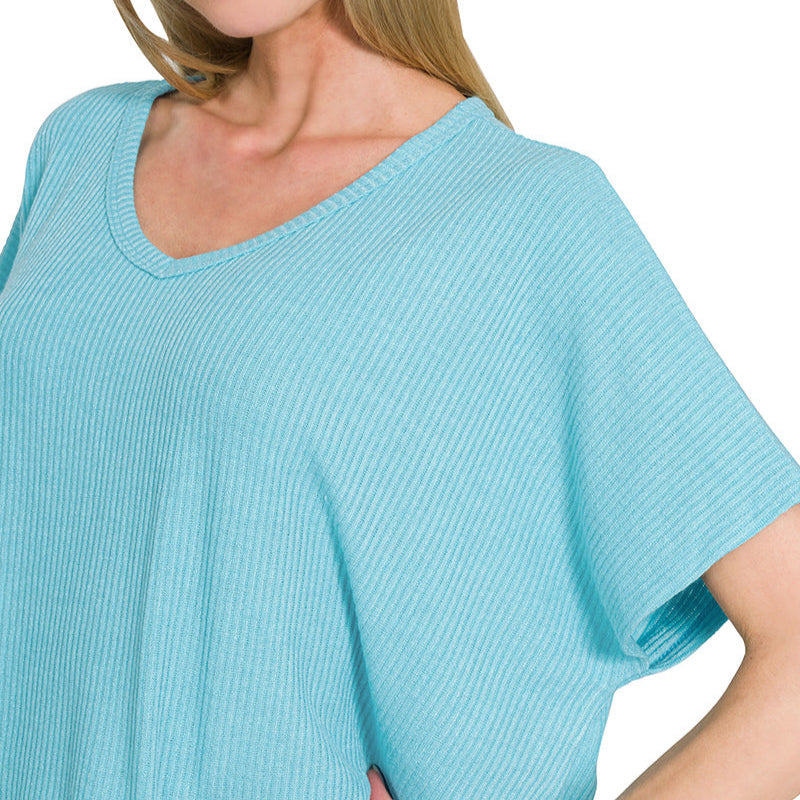 Ribbed V-Neck Top (Sky Blue)