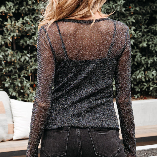 Metallic Glitter Mesh Long Sleeve Top