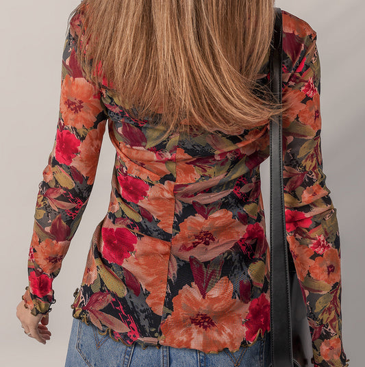 Floral Print Long Sleeve Mesh Top