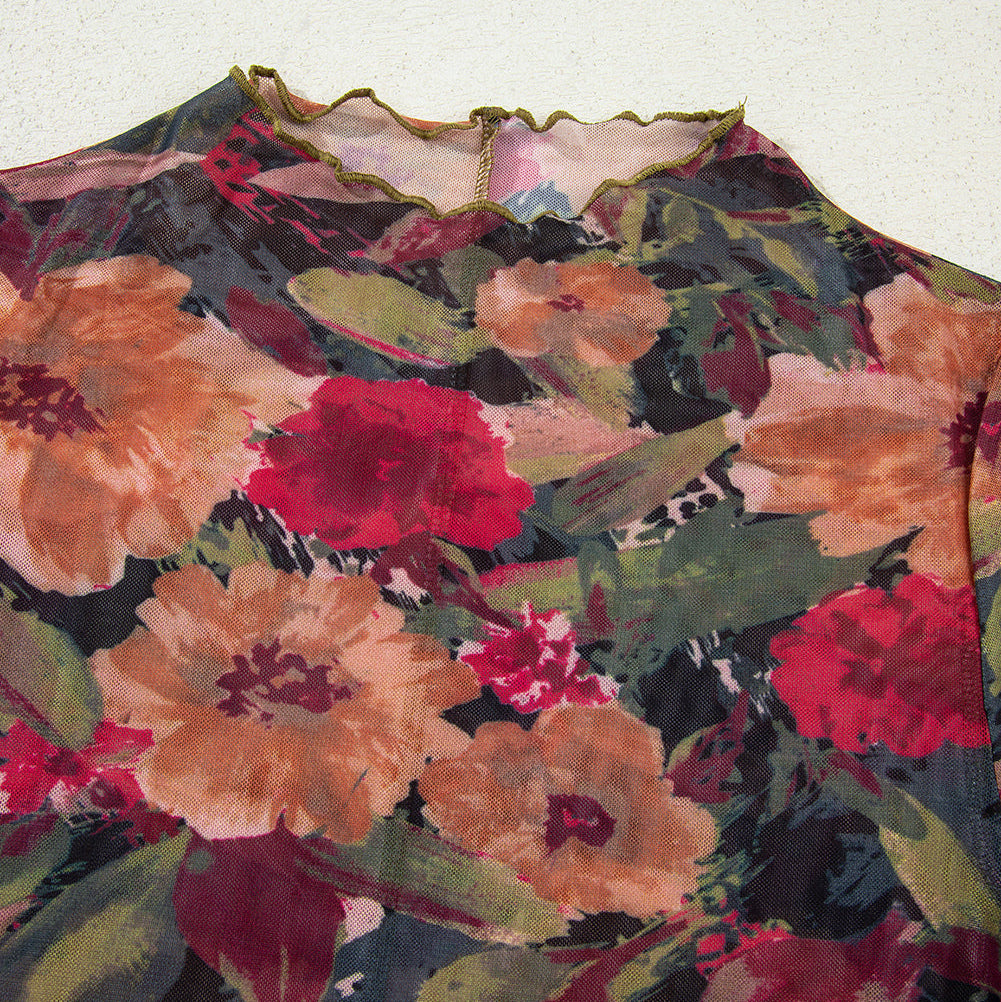 Floral Print Long Sleeve Mesh Top