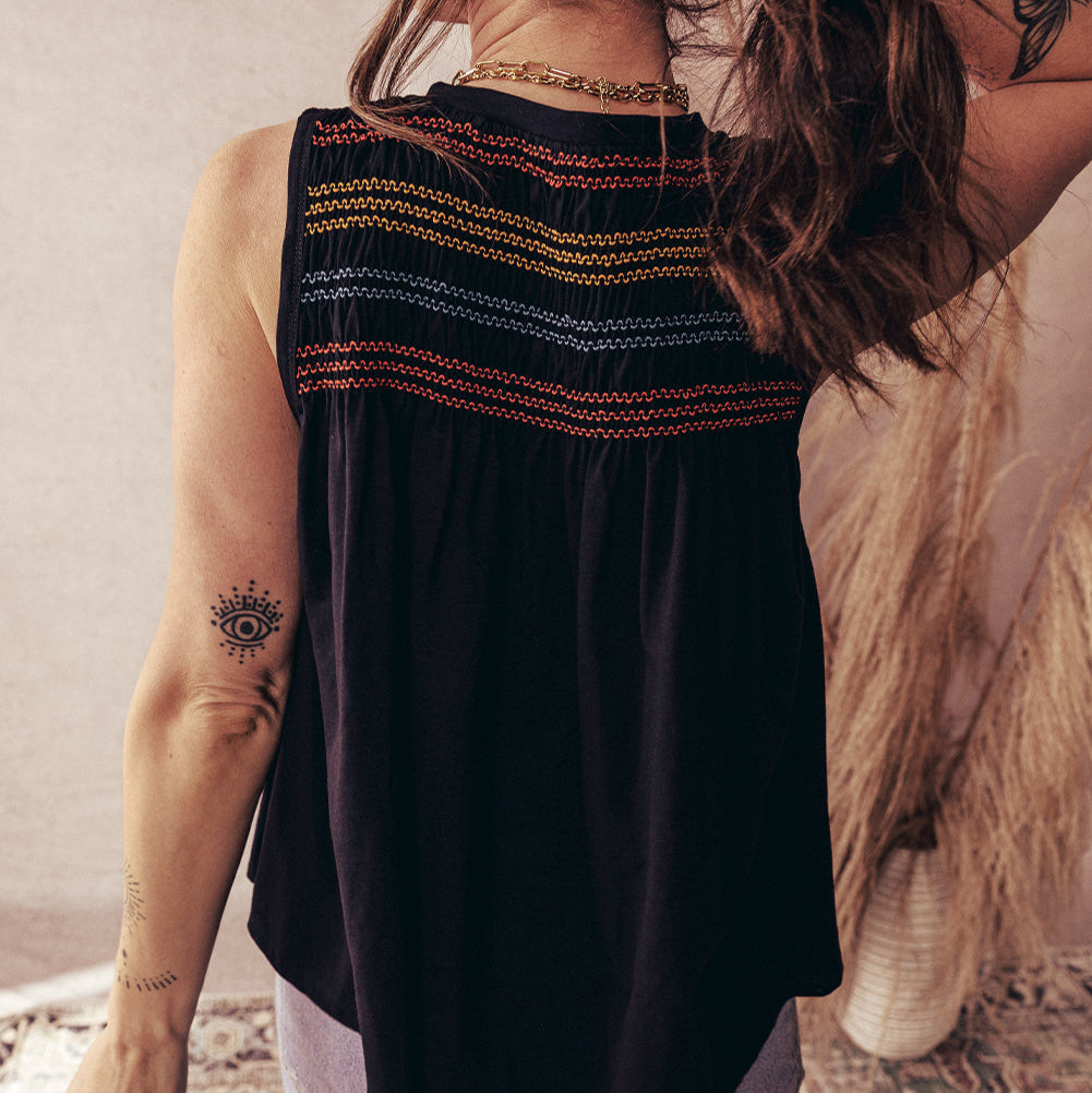 Shirred V Neck Sleeveless Top