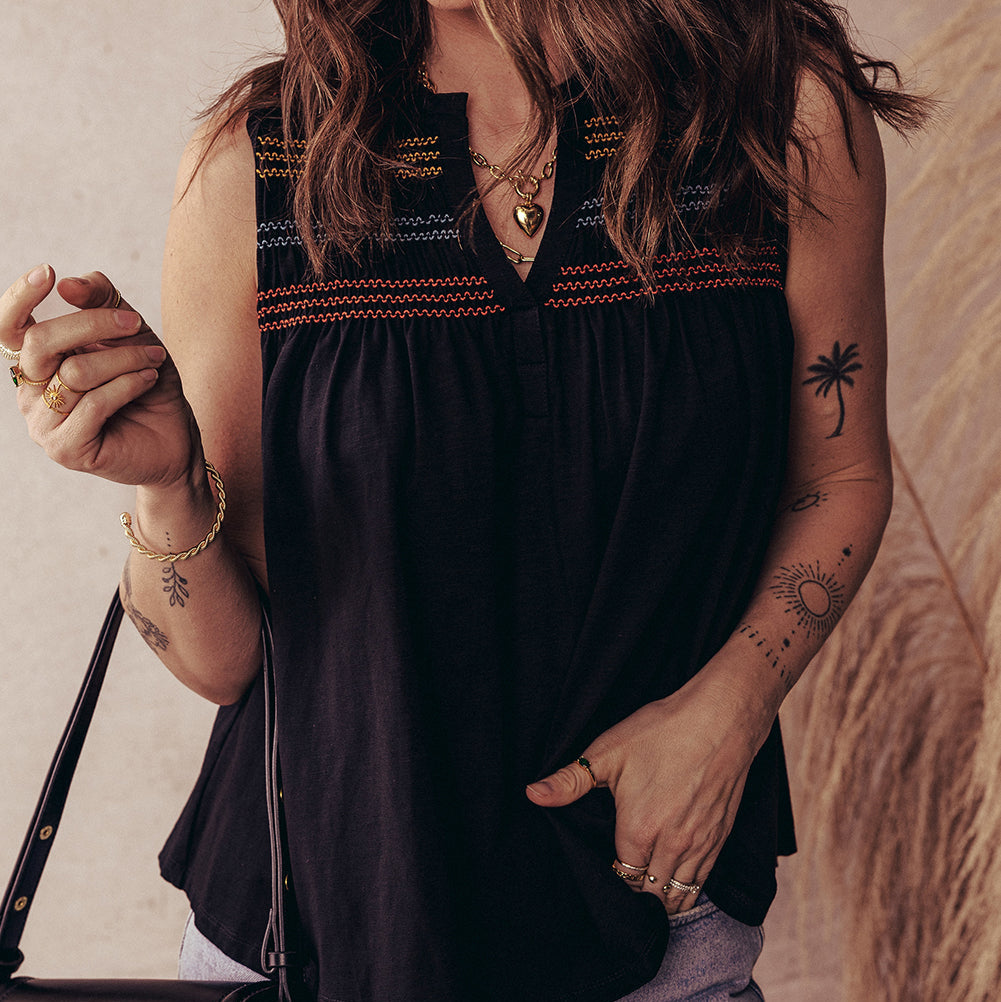 Shirred V Neck Sleeveless Top