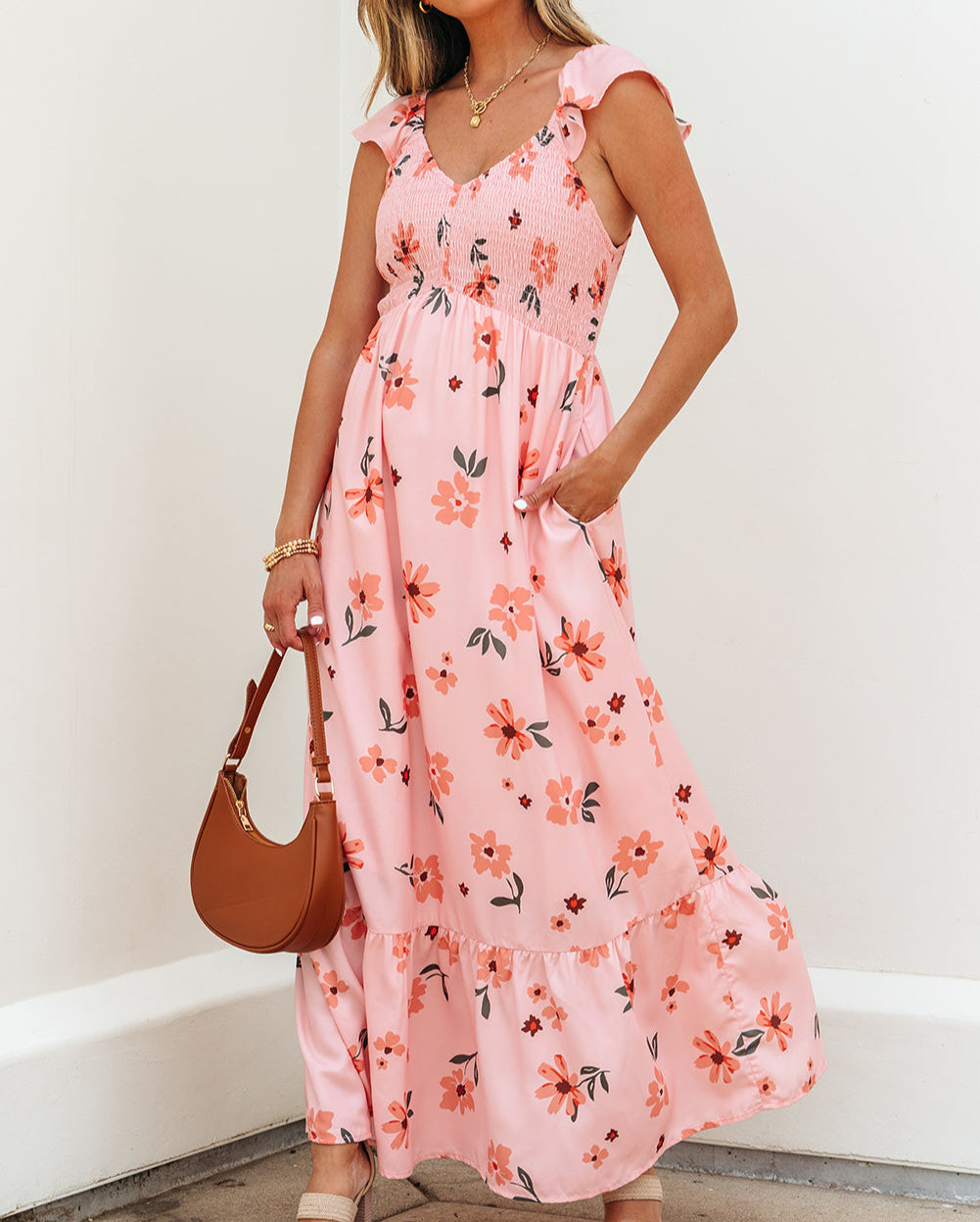 Floral V-Neck Smocked Ruffle Hem Maxi Dress