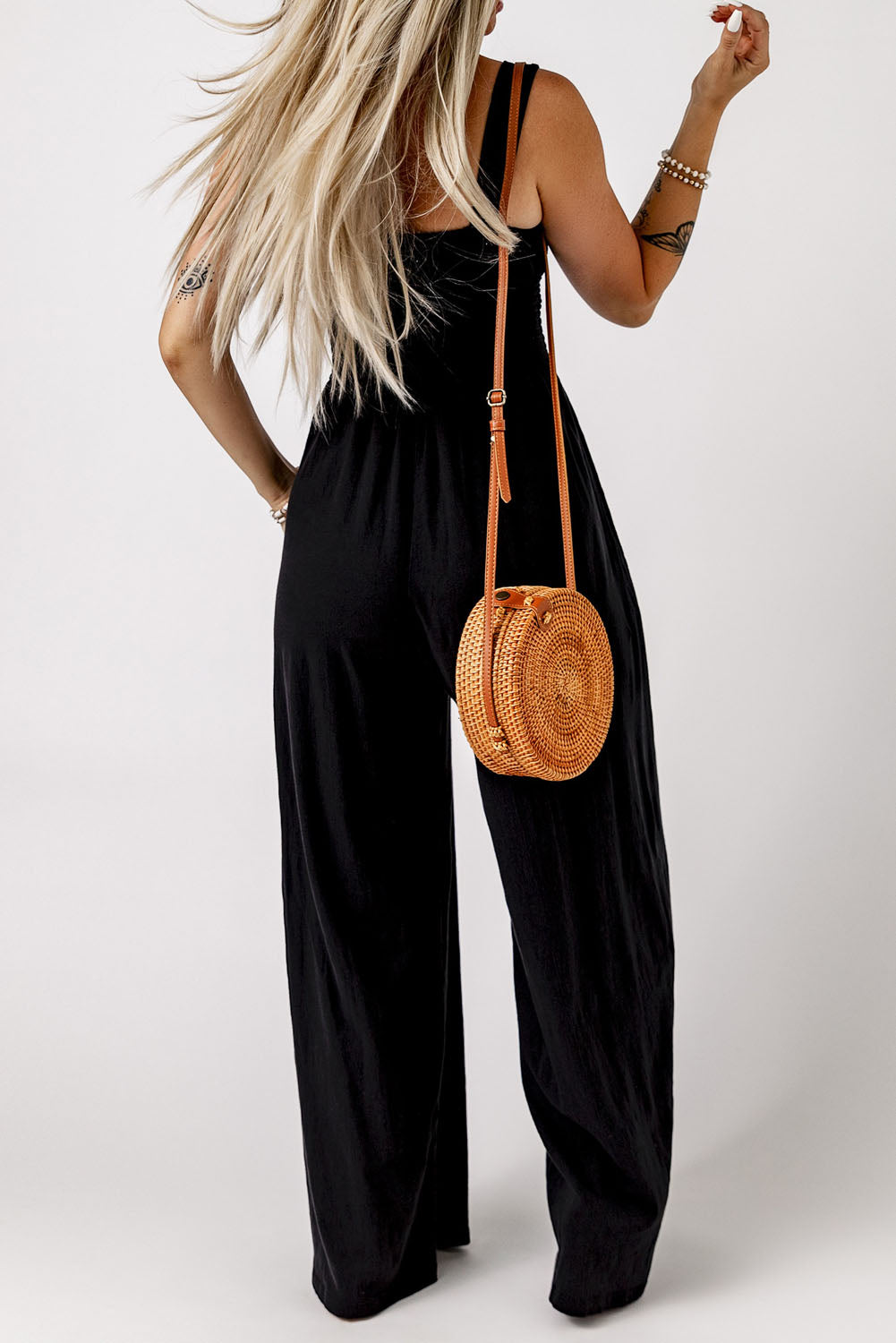 Smocked Wide Leg Jumpsuit with Pockets (Black)