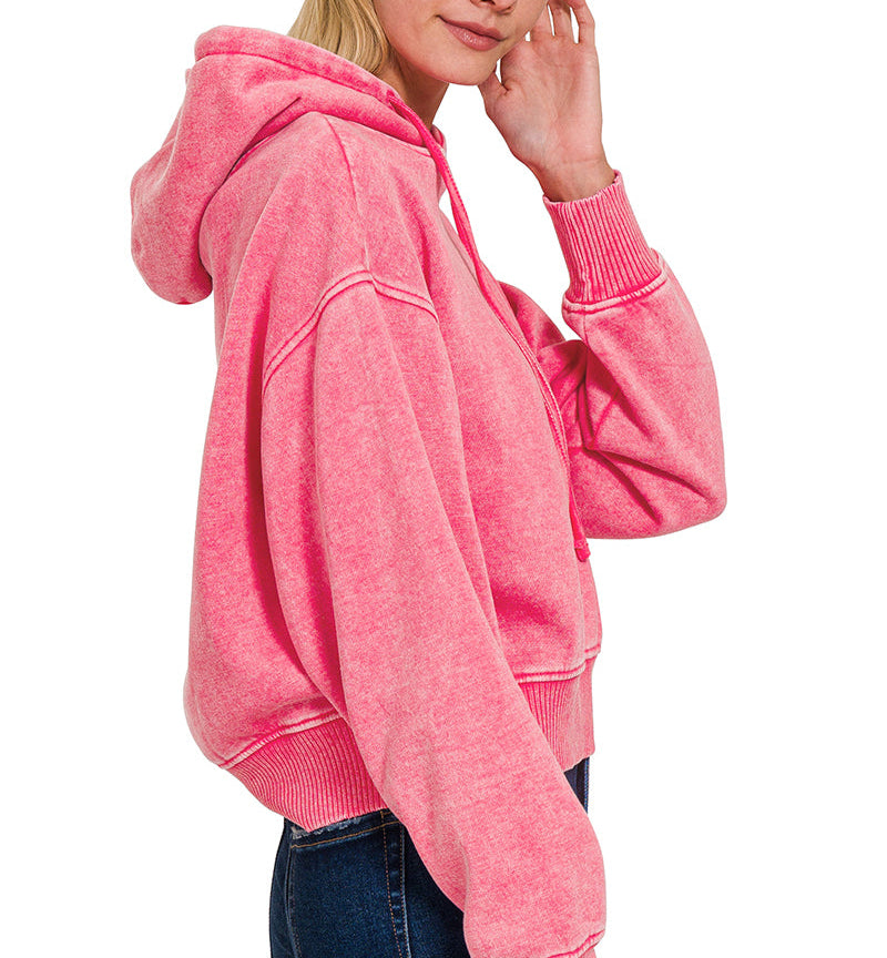 DETROIT Acid Wash Cropped Hoodie (Fuchsia)