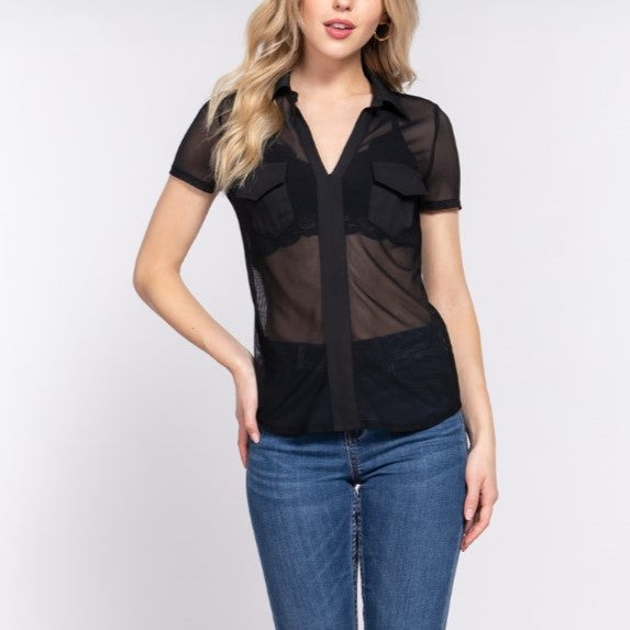 Short Sleeve V Neck Mesh Collar Top