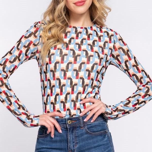 Long Sleeve Mesh Abstract Bodysuit