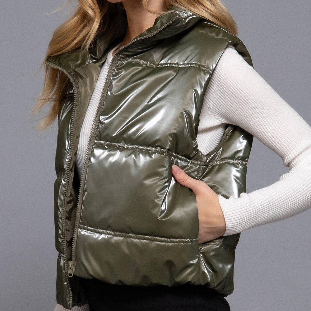 Keep Shining High Neck Zip Up Vest (Olive)