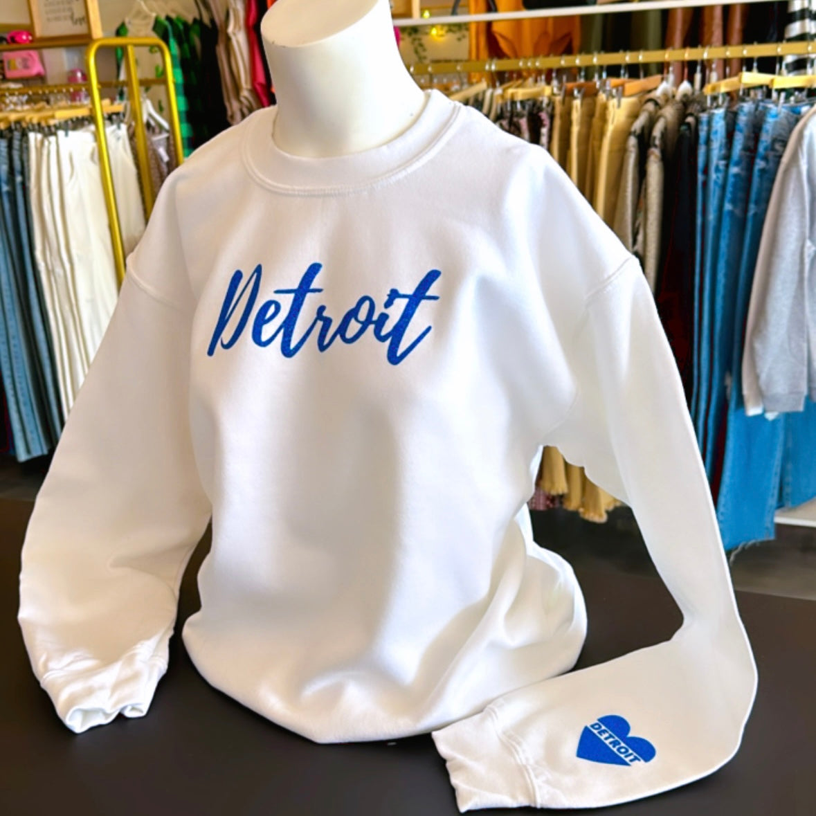 Detroit Sweatshirt (White / Blue Glitter Graphic)