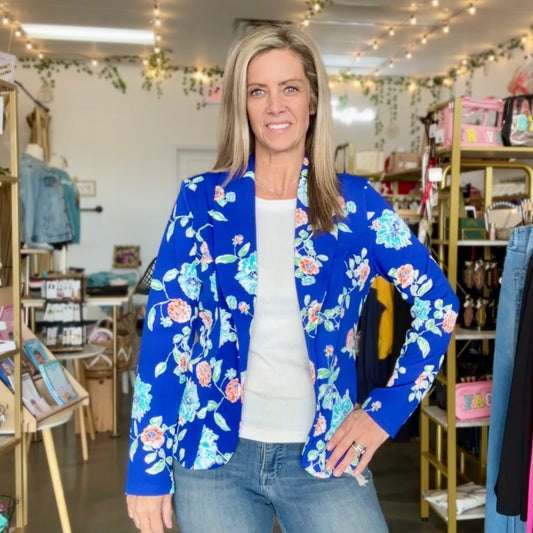 Floral Open Front Blazer (Blue)