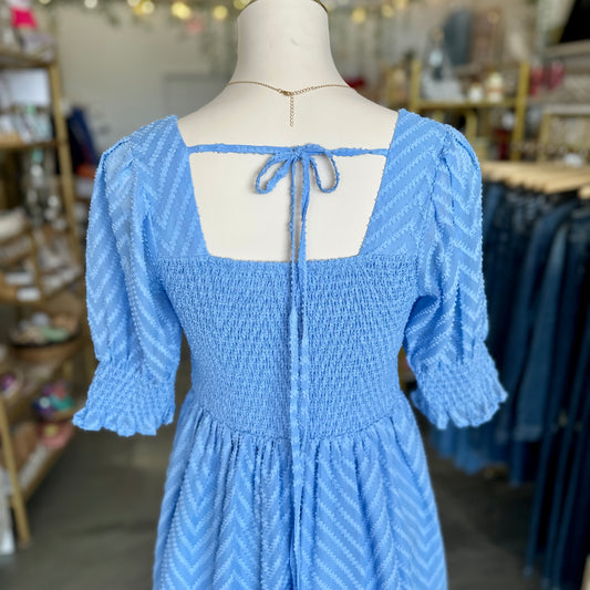 Square Neck Swiss Dot Dress (Blue)  - FINAL SALE