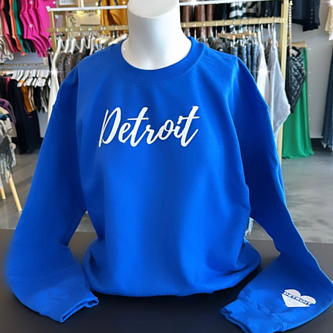 Detroit Sweatshirt (Blue / White Glitter Graphic)