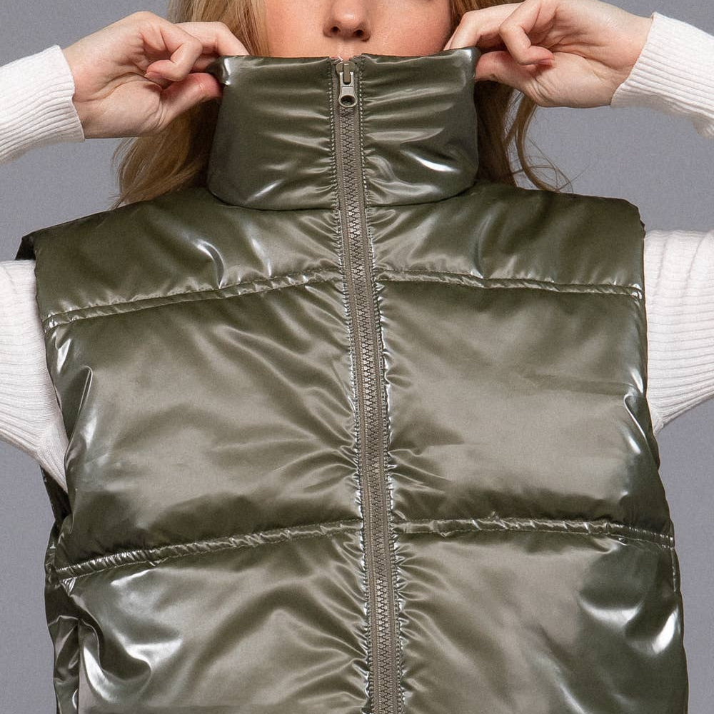 Keep Shining High Neck Zip Up Vest (Olive)