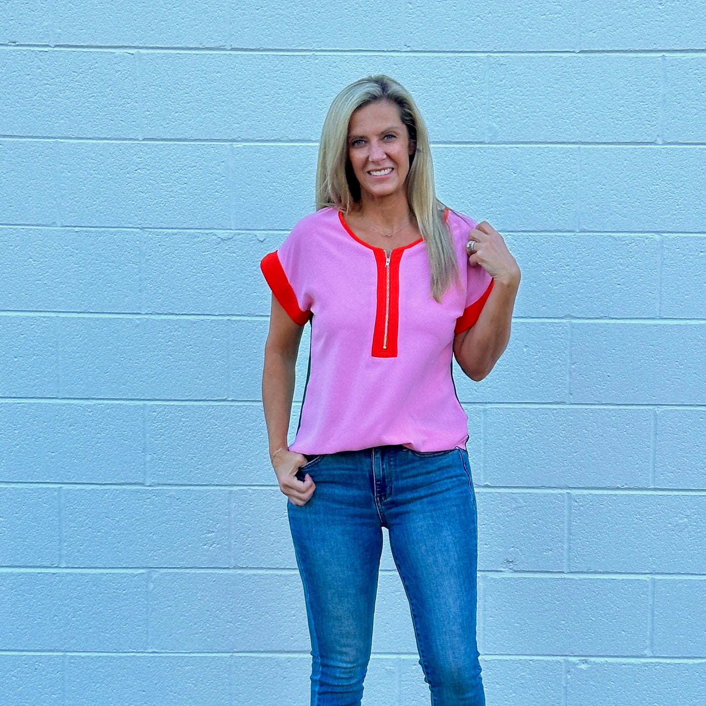 Color Block Zip Front Top (Pink)