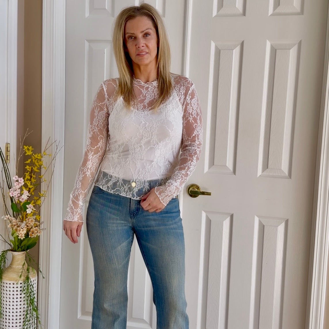 Samantha Sheer White Lace Top