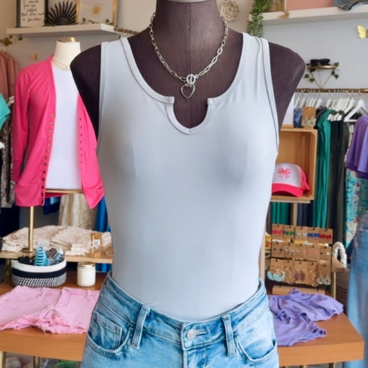 Split Neck Bodysuit (Light Grey) - SALE