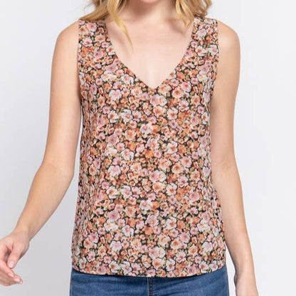 Sleeveless Double V-neck Floral Top