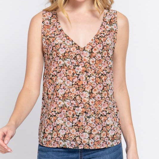 Sleeveless Double V-neck Floral Top