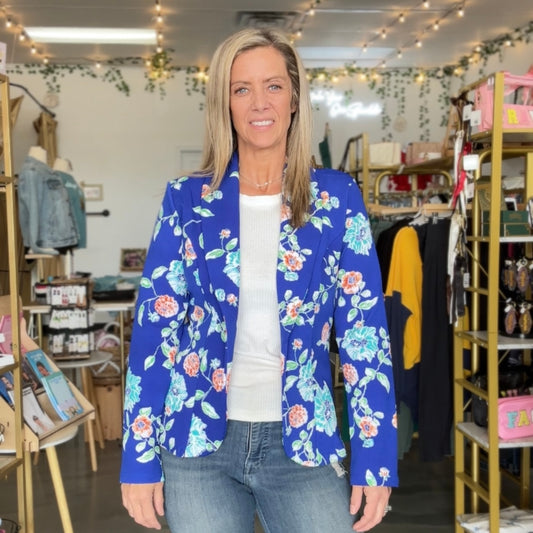 Floral Open Front Blazer (Blue)