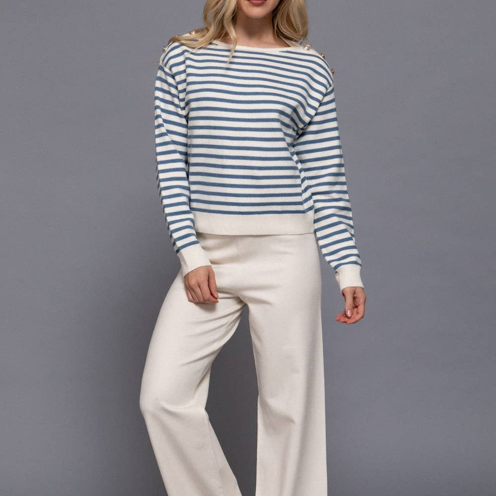 Buttoned Shoulder Stripe Sweater