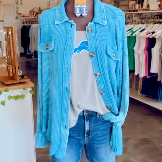 Waffle Button Up Shacket (Sky Blue)
