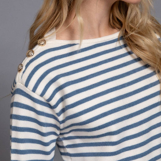 Buttoned Shoulder Stripe Sweater