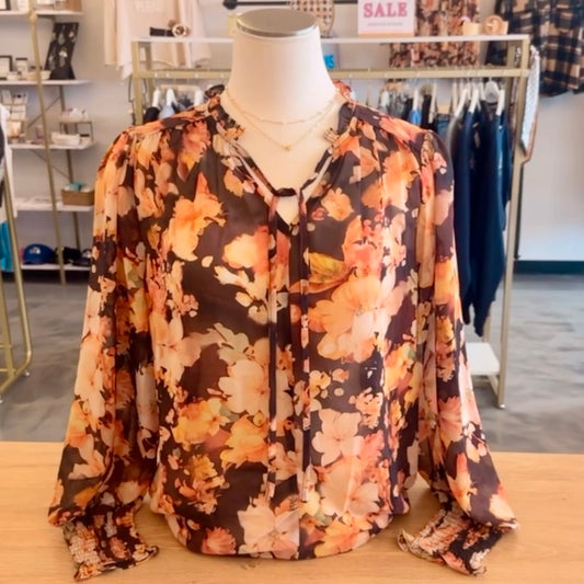 Floral V Neck Puff Sleeve Blouse