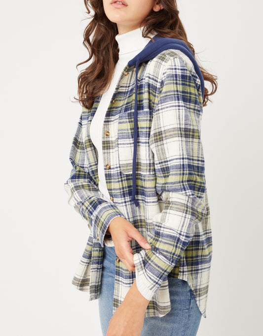 Flannel Button Up Shacket with Hood