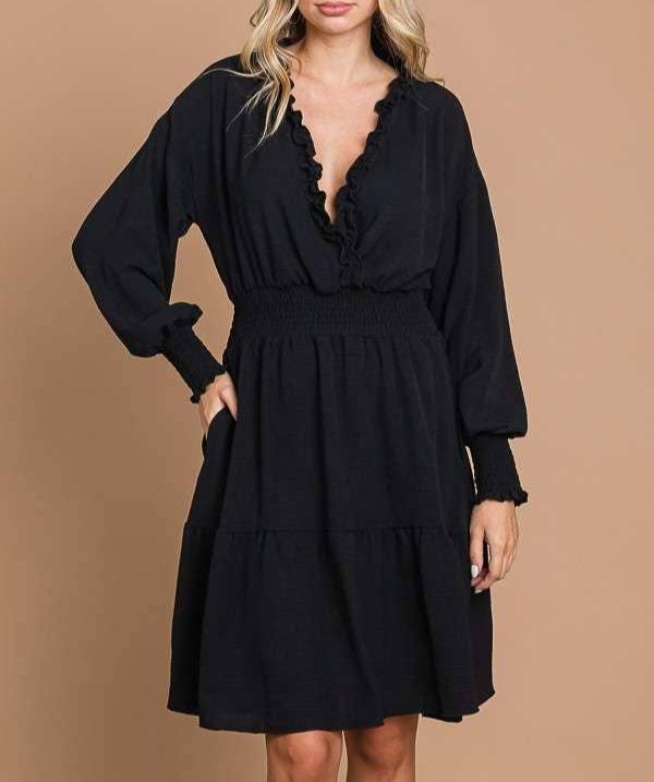 V-Neck Ruffle Trim Dress (Black)