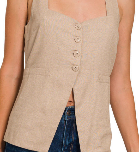Linen Tie Back Vest (Mocha)