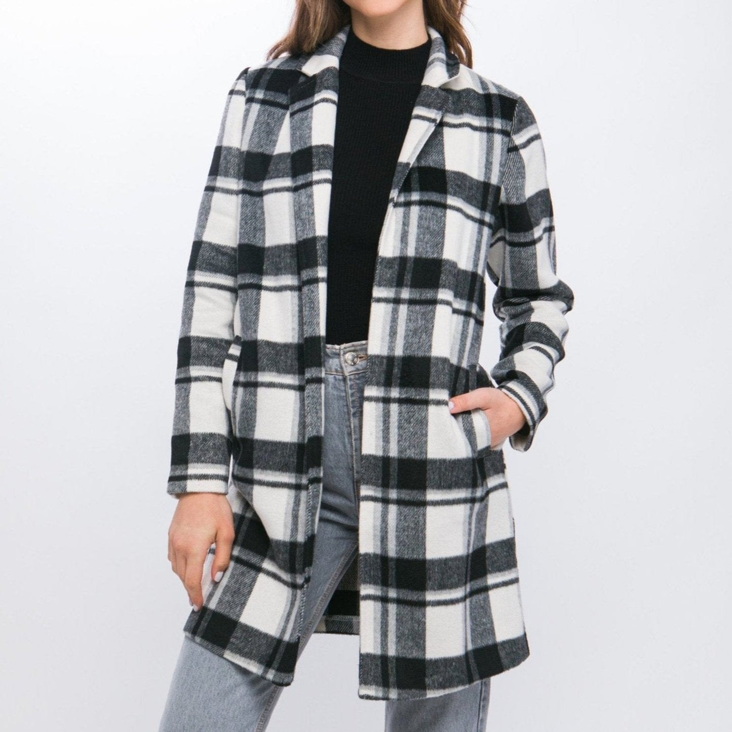 Lapel Collared Long Coat (Black/White)