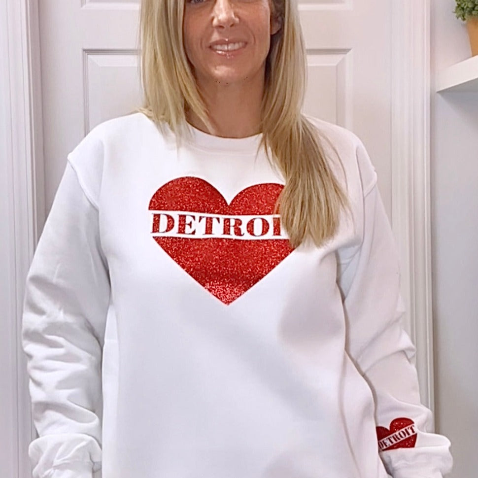 Detroit Love Sweatshirt (White / Red Glitter)