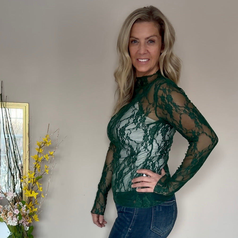 Forest Green Mesh Long Sleeve Lace Top