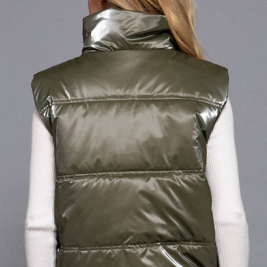 Keep Shining High Neck Zip Up Vest (Olive)