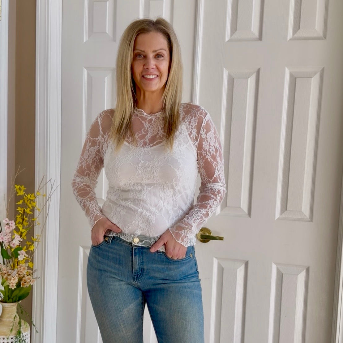 Samantha Sheer White Lace Top
