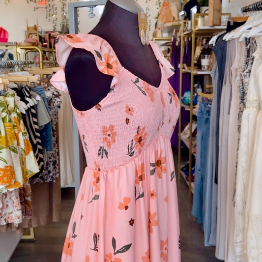Floral V-Neck Smocked Ruffle Hem Maxi Dress